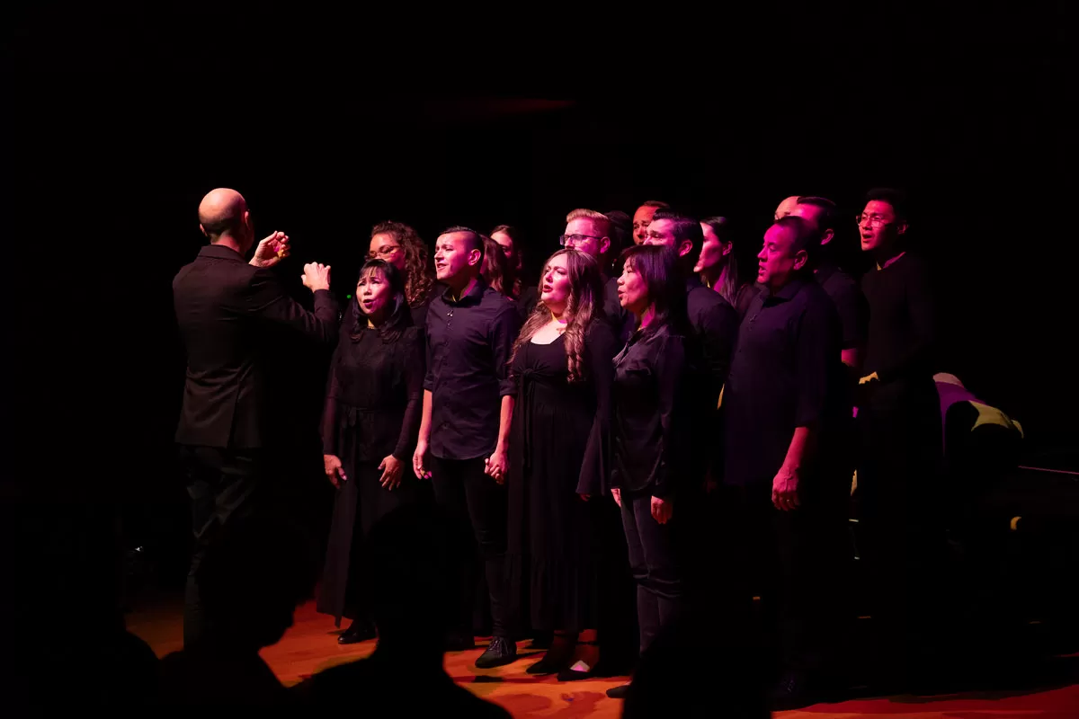 Pacific Chorale performing To the Hands, a concert centered on homelessness and community partnership.